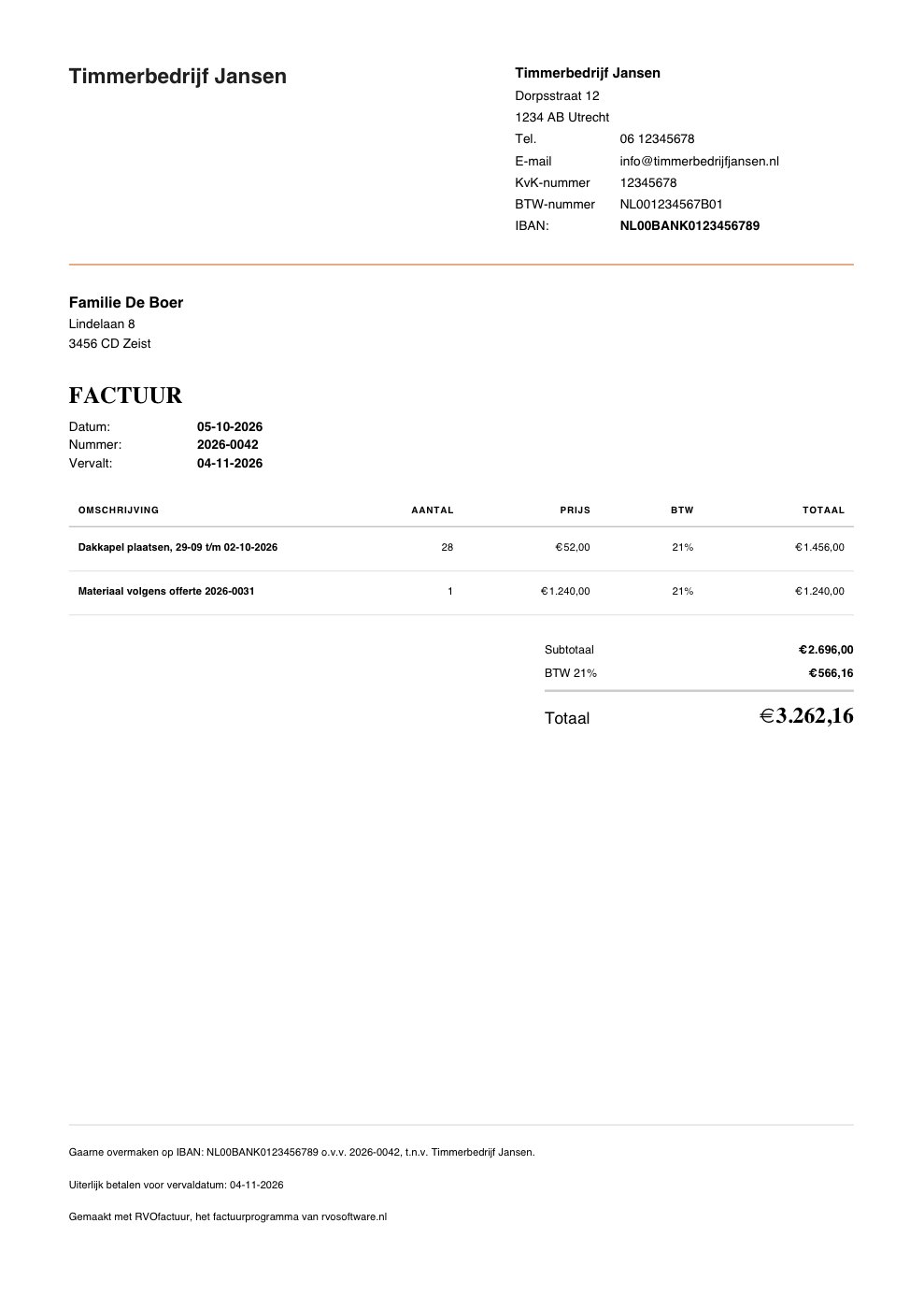 Voorbeeld van een factuur in de bouw: Timmerbedrijf Jansen factureert een dakkapel en materiaal aan Familie De Boer, met 21% btw en een totaal van € 3.262,16